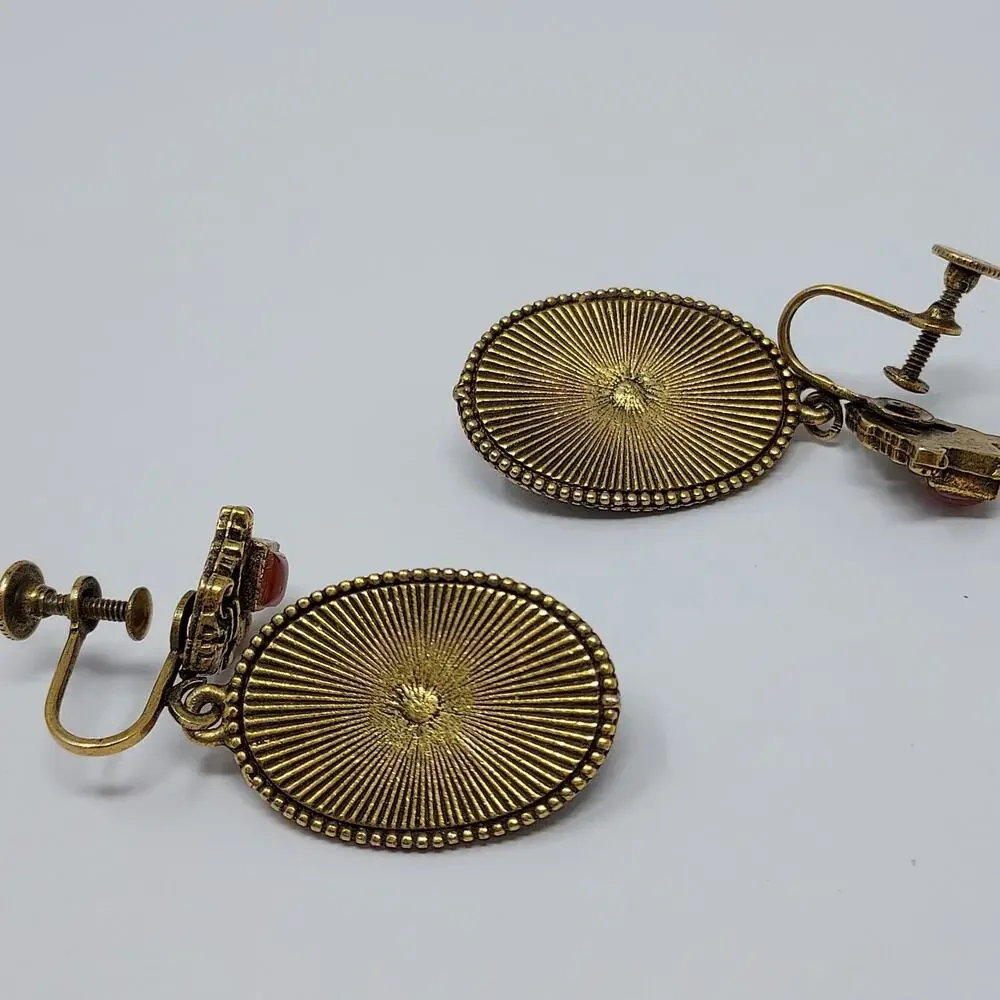 Vintage Victorian Revival Earrings Dangle Aged Gold Tone Gemstones Screw Back